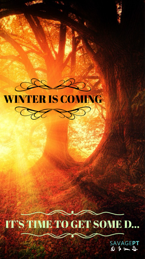 Image of a tree with sunlight, text reads “winter is coming, it’s time to get some D” SavagePT logo is at the bottom